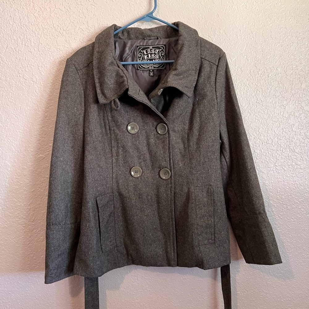 Last Kiss Gray Trench Coat Belt Buttons 90s 2000s Autumn Spring Fashion Vintage